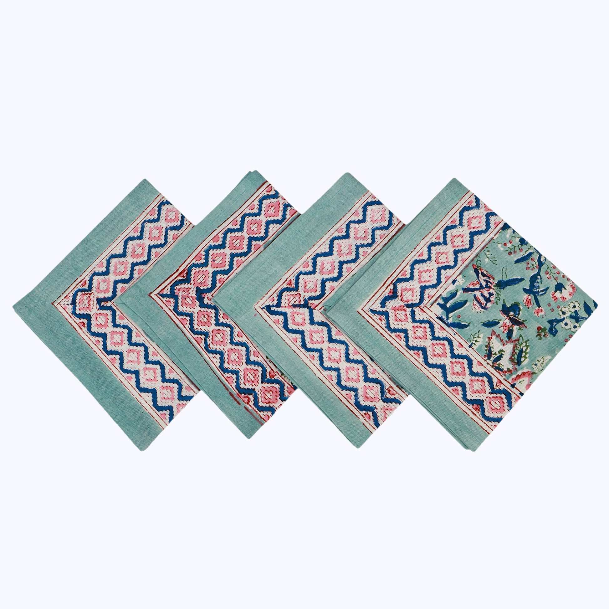 Green With Pink Hand Block Printed Cotton Napkins Set Of 4 - My Store