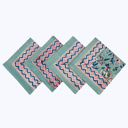 Green With Pink Hand Block Printed Cotton Napkins Set Of 4 - My Store