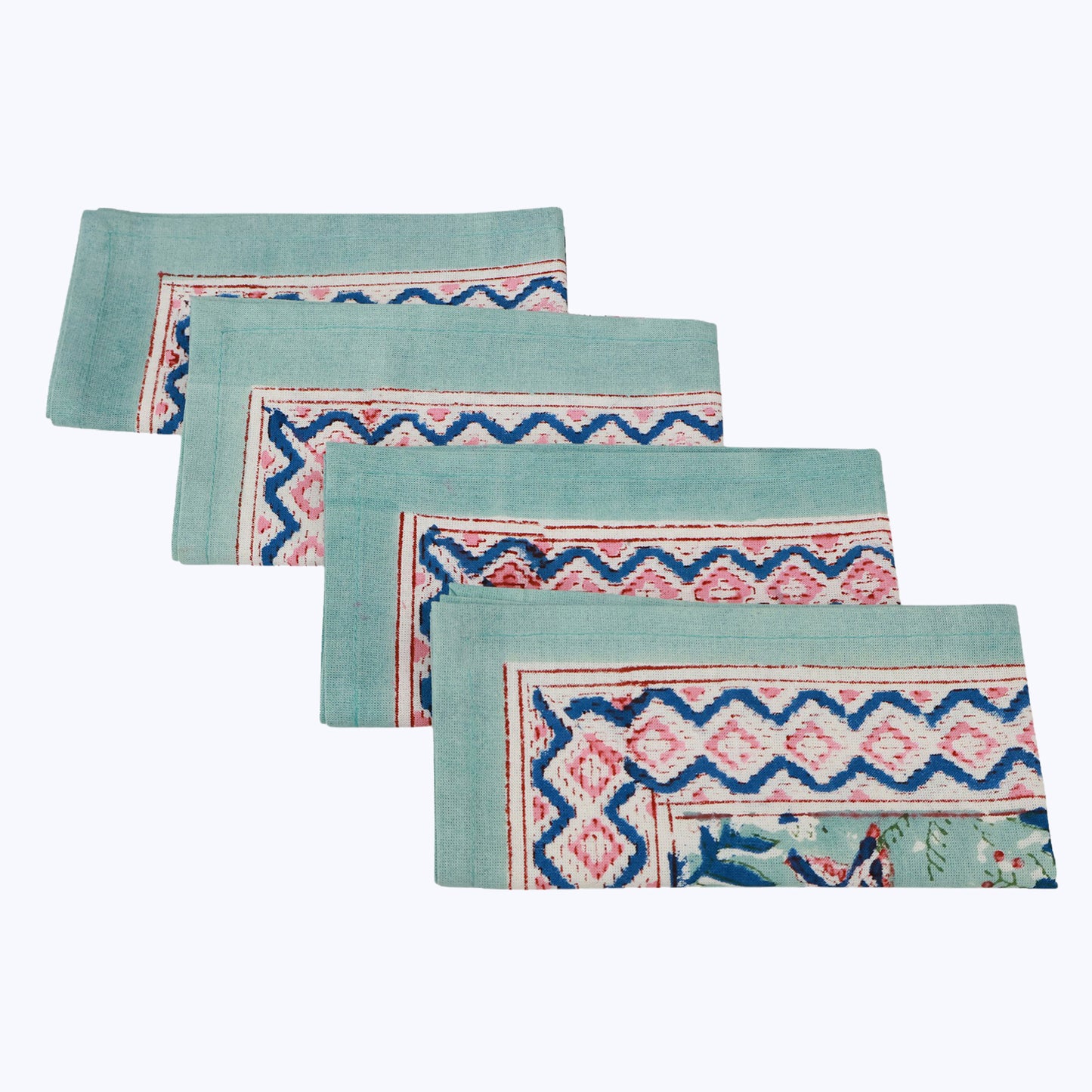 Green With Pink Hand Block Printed Cotton Napkins Set Of 4 - My Store