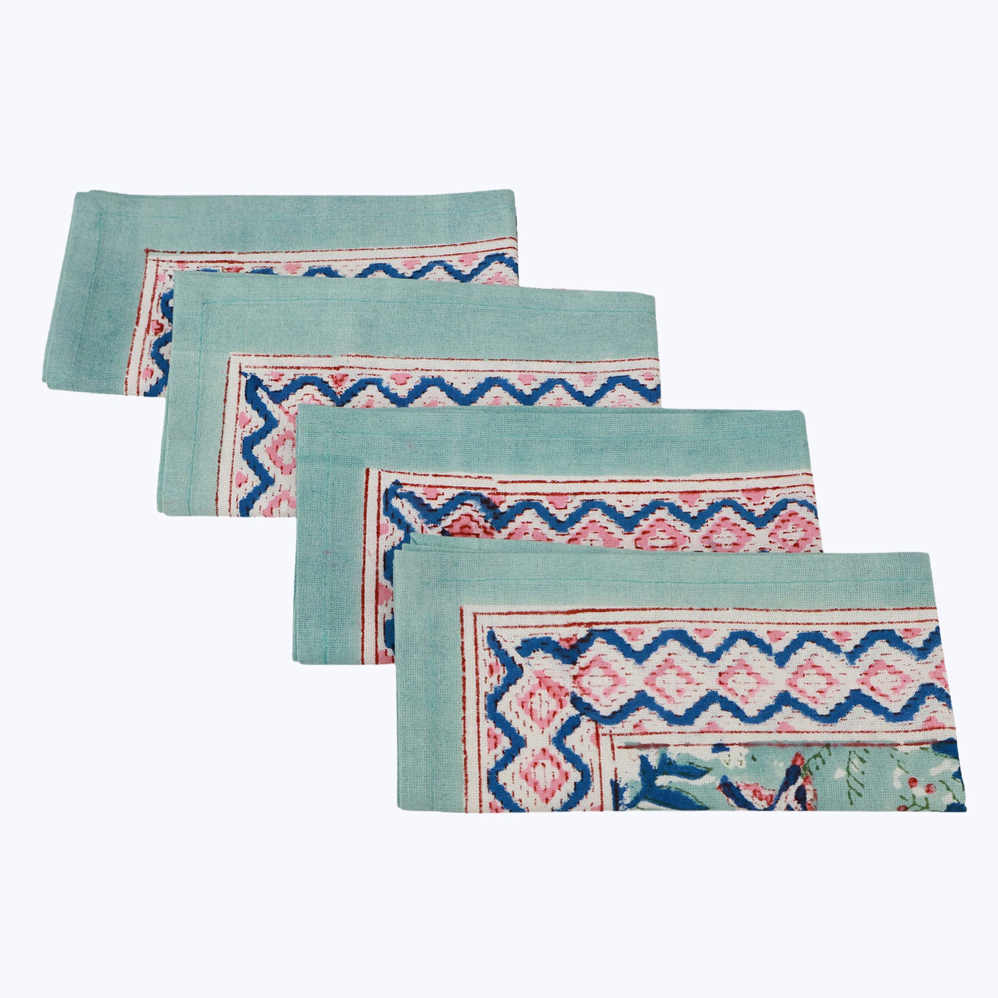 Green With Pink Hand Block Printed Cotton Napkins Set Of 4 - My Store