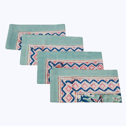Green With Pink Hand Block Printed Cotton Napkins Set Of 4 - My Store