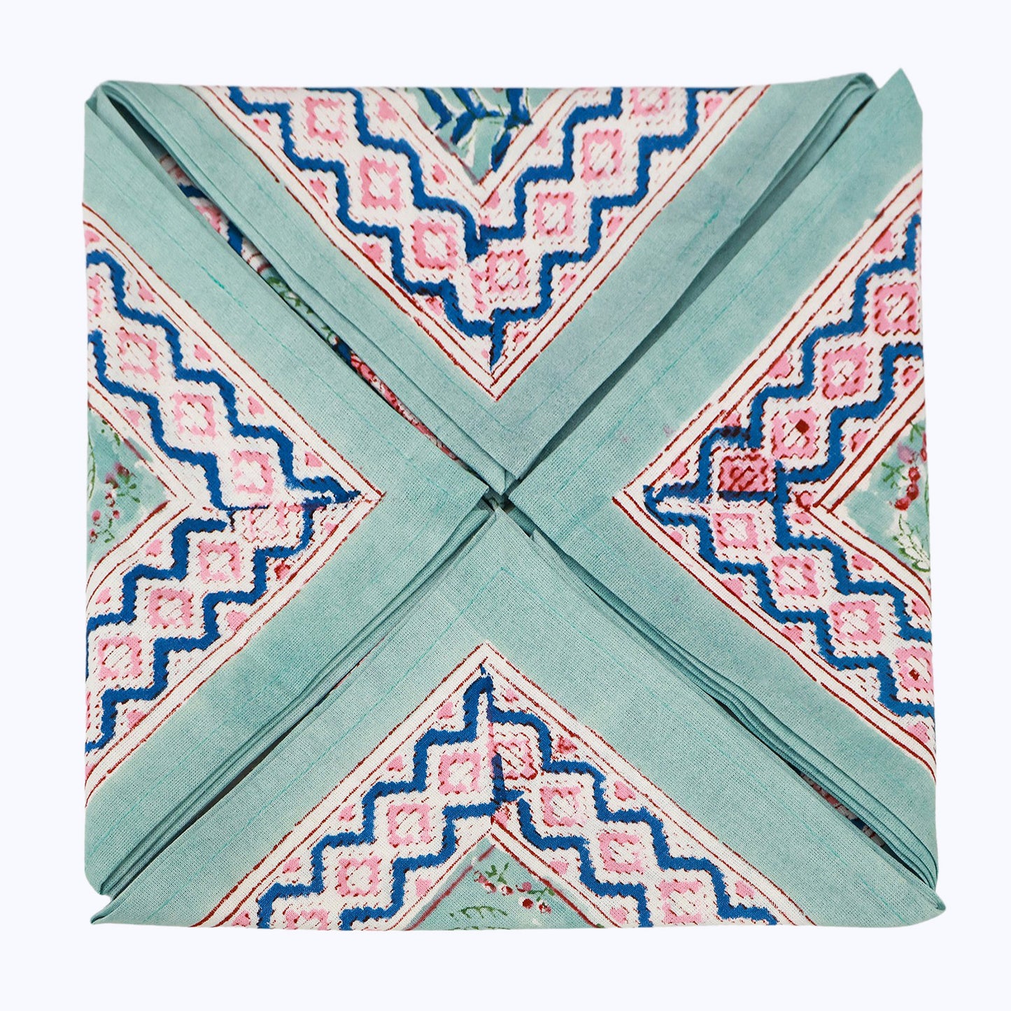 Green With Pink Hand Block Printed Cotton Napkins Set Of 4 - My Store