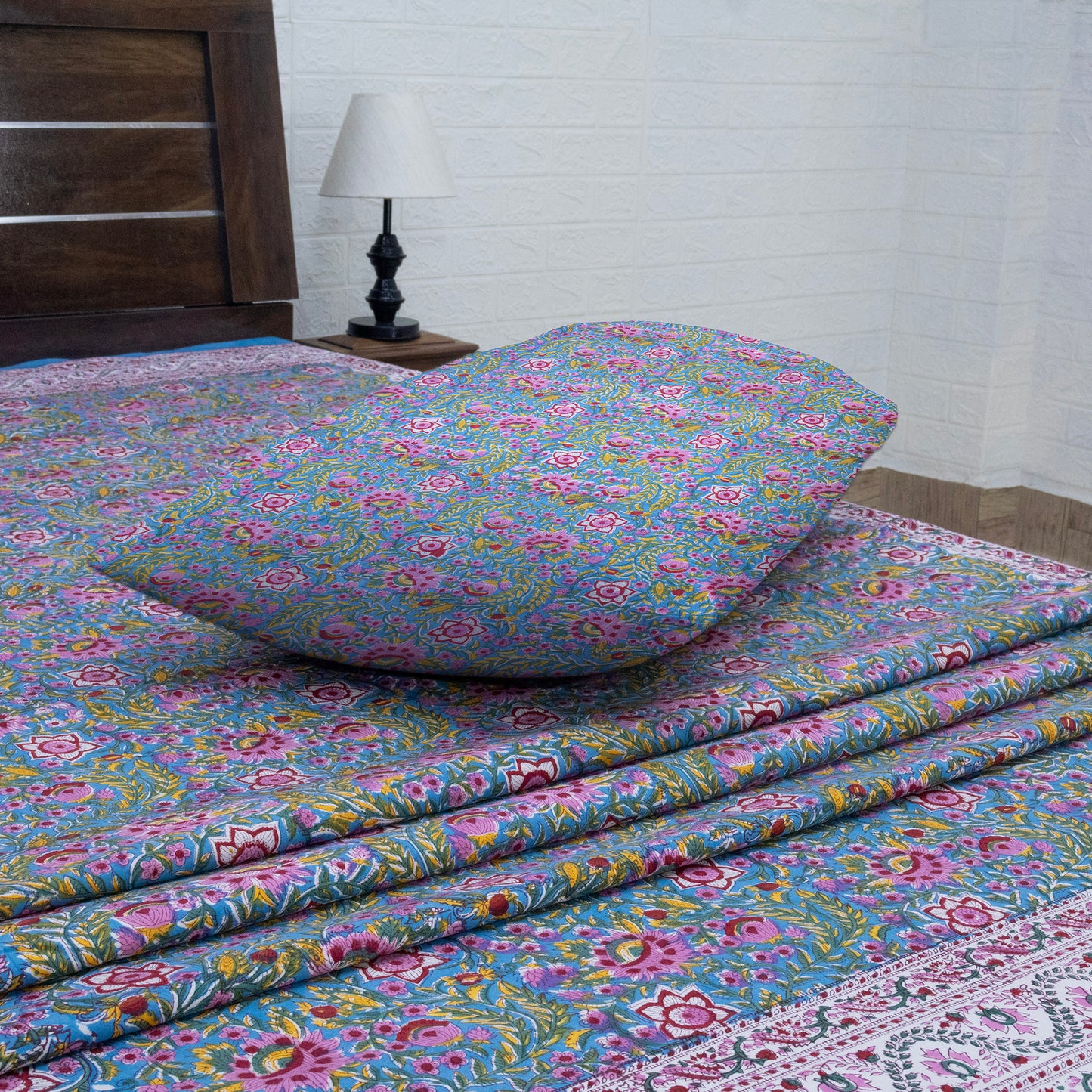 Cotton Bedsheet – Hand Block Floral Print – Green and Pink – King, Queen, Twin Sizes - My Store