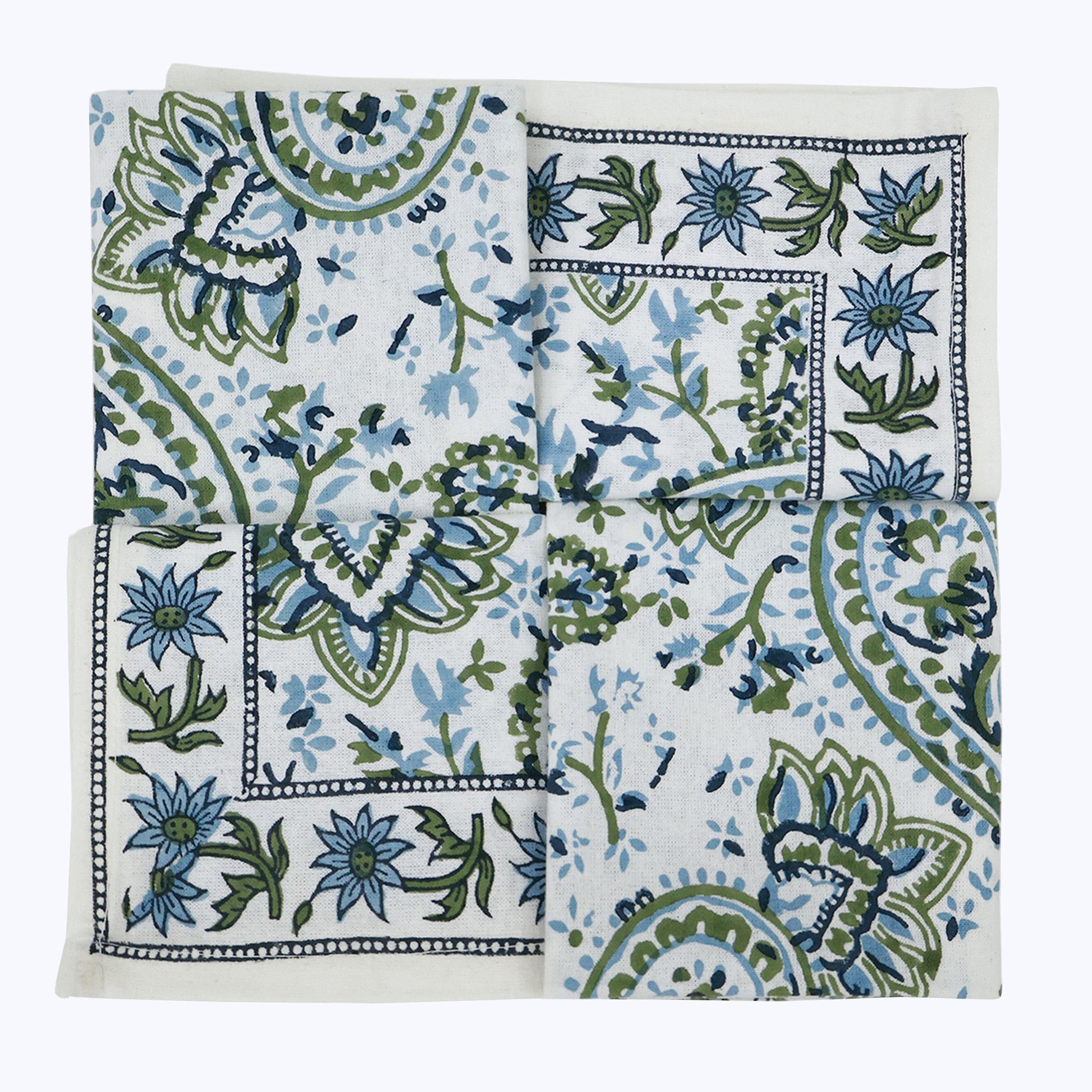 Green and White Hand Block Printed Cotton Napkins Set Of 4 - My Store