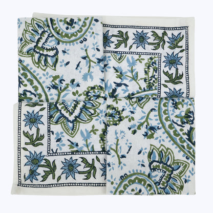 Green and White Hand Block Printed Cotton Napkins Set Of 4 - My Store