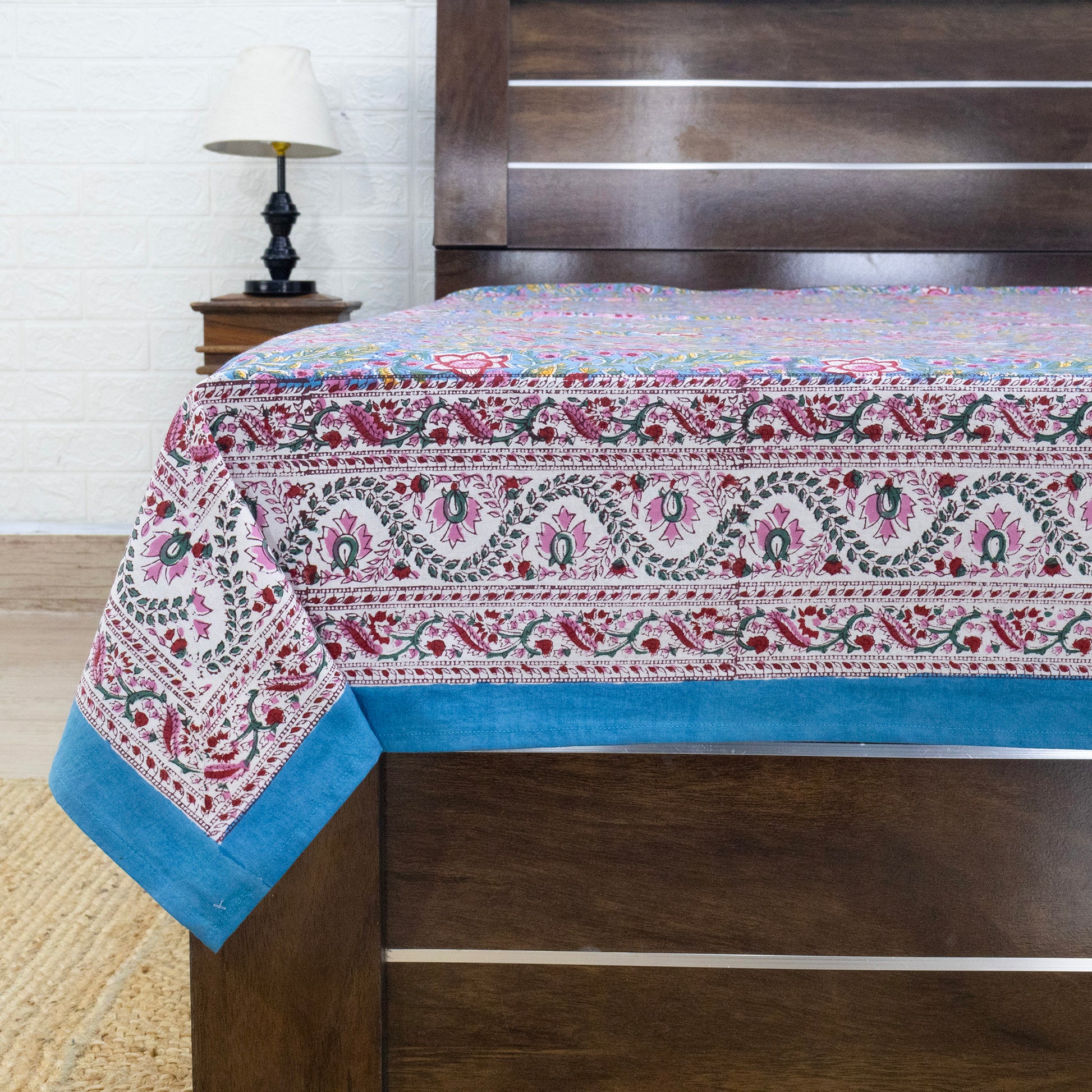 Cotton Bedsheet – Hand Block Floral Print – Green and Pink – King, Queen, Twin Sizes - My Store