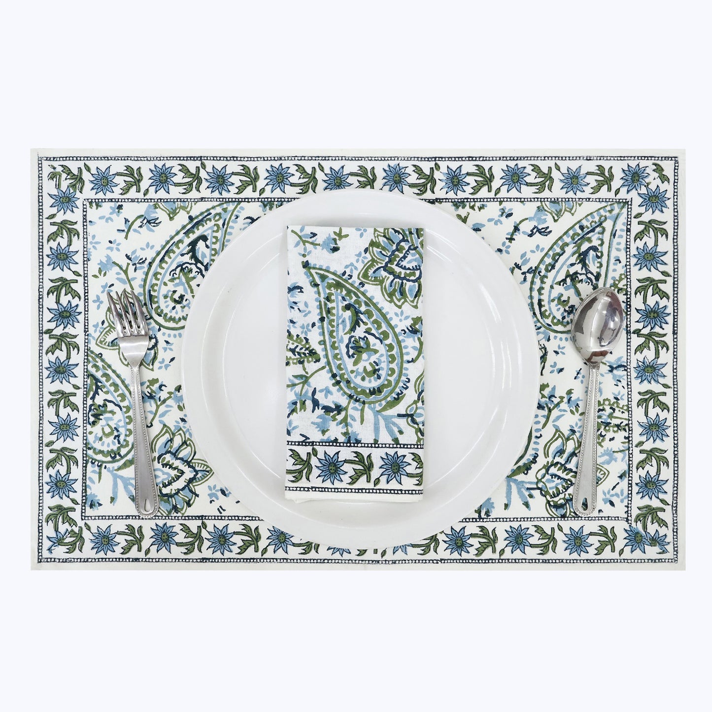 Green and White Hand Block Printed Cotton Napkins Set Of 4 - My Store