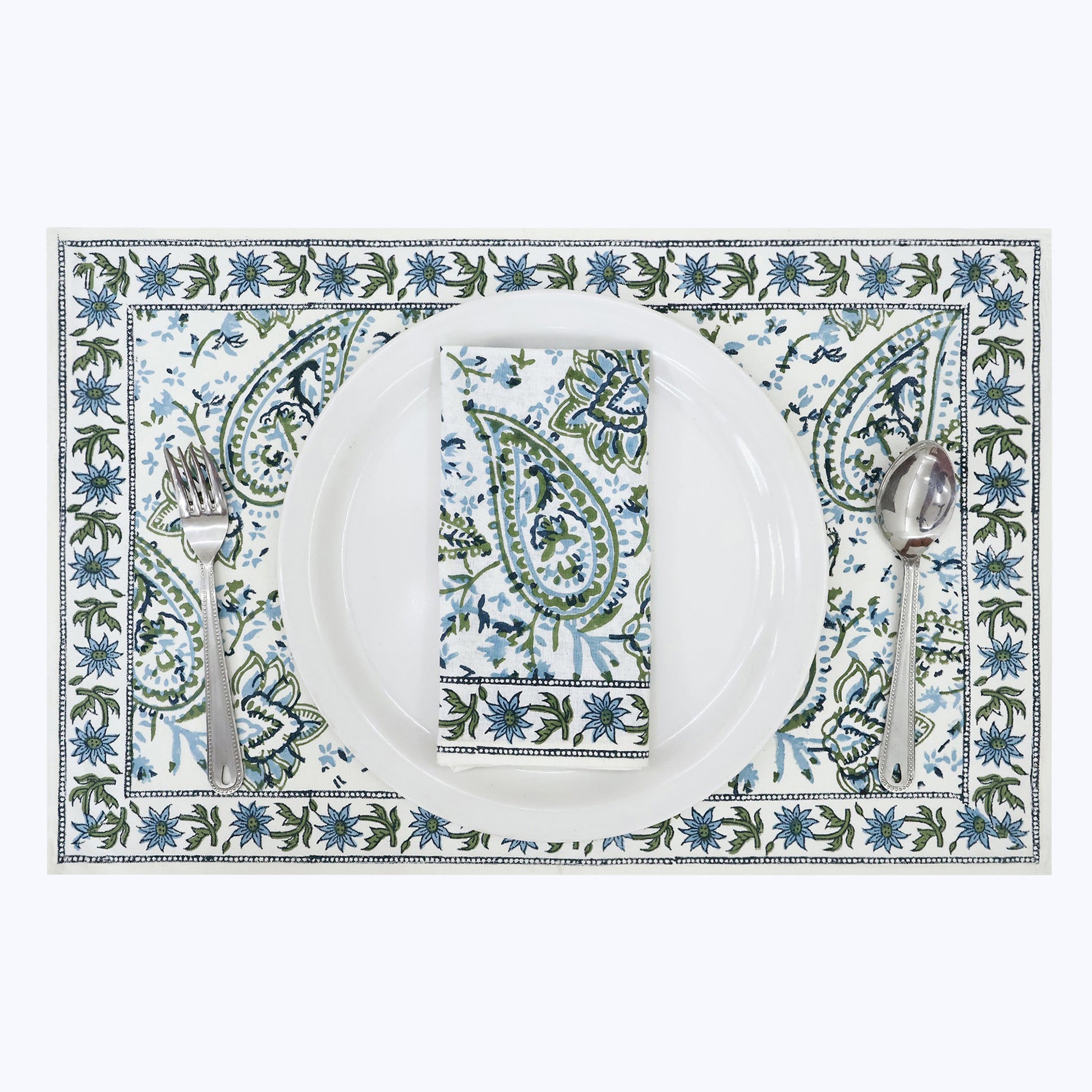 Green and White Hand Block Printed Cotton Napkins Set Of 4 - My Store