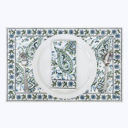 Green and White Hand Block Printed Cotton Napkins Set Of 4 - My Store