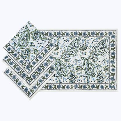 Green and White Hand Block Printed Cotton Napkins Set Of 4 - My Store