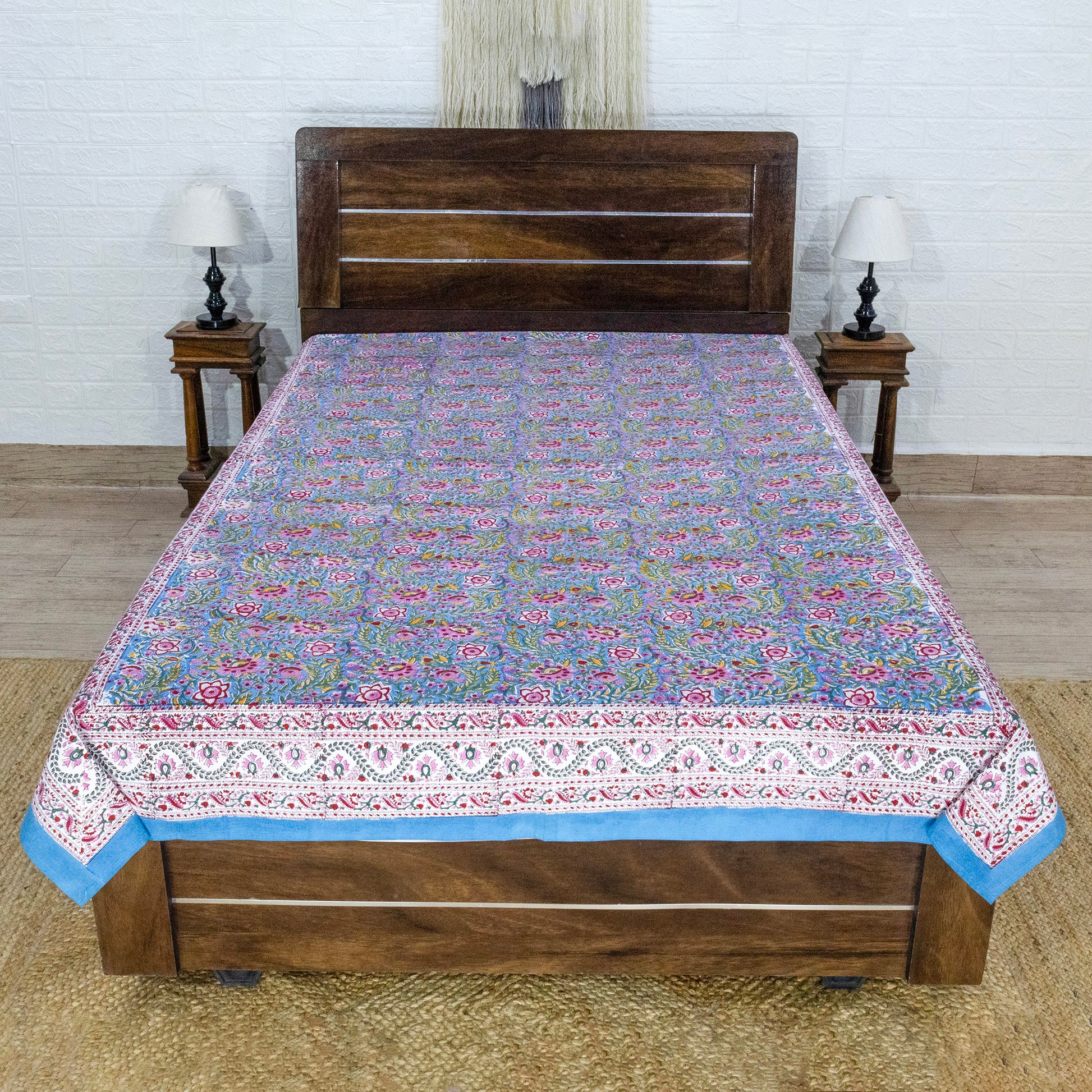 Cotton Bedsheet – Hand Block Floral Print – Green and Pink – King, Queen, Twin Sizes - My Store