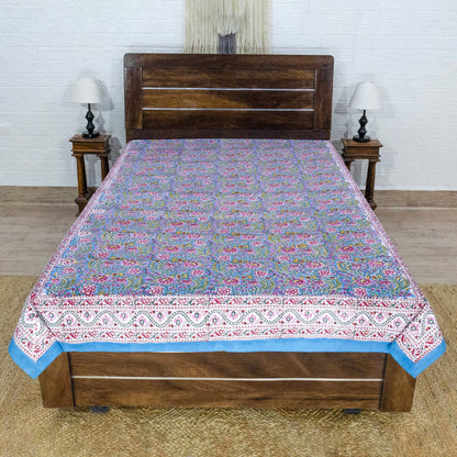 Cotton Bedsheet – Hand Block Floral Print – Green and Pink – King, Queen, Twin Sizes - My Store