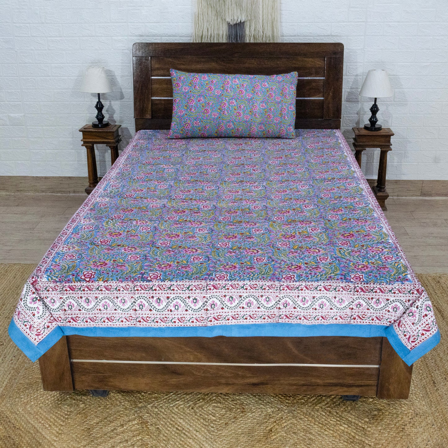 Cotton Bedsheet – Hand Block Floral Print – Green and Pink – King, Queen, Twin Sizes - My Store