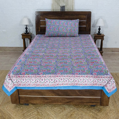Cotton Bedsheet – Hand Block Floral Print – Green and Pink – King, Queen, Twin Sizes - My Store