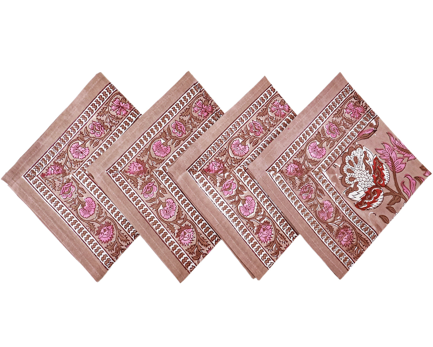 Pink and Brown Hand Block Printed Cotton Napkins Set Of 4 - My Store