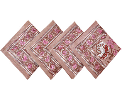 Pink and Brown Hand Block Printed Cotton Napkins Set Of 4 - My Store