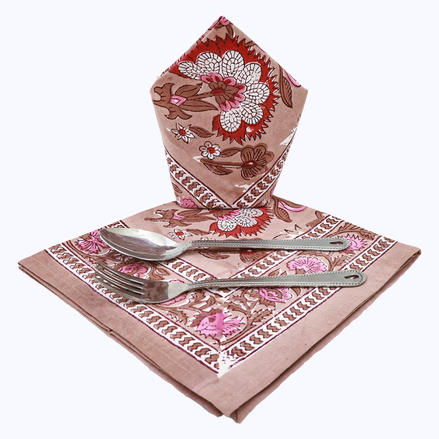 Pink and Brown Hand Block Printed Cotton Napkins Set Of 4 - My Store