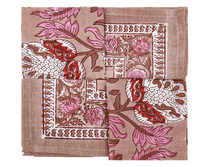 Pink and Brown Hand Block Printed Cotton Napkins Set Of 4 - My Store