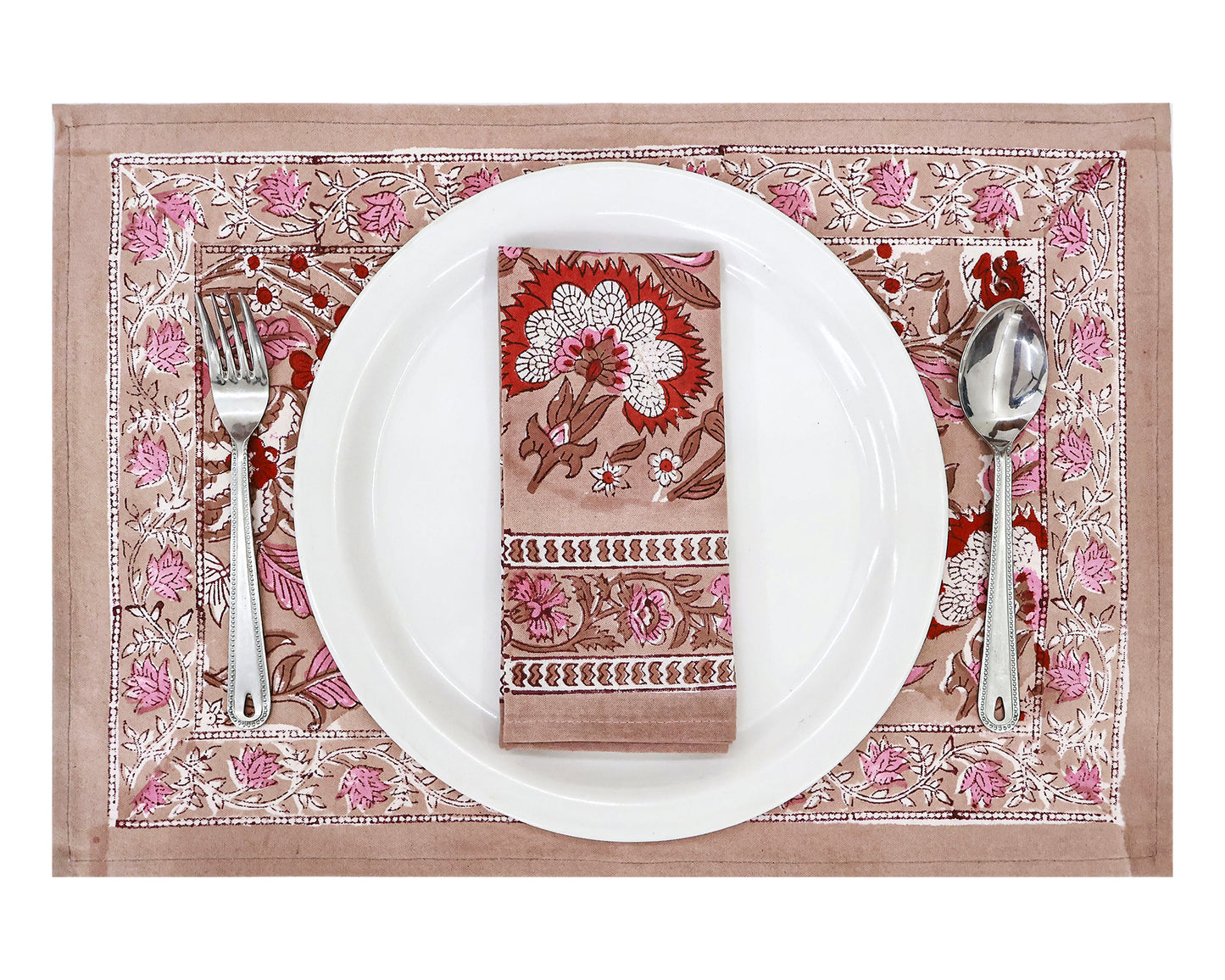 Pink and Brown Hand Block Printed Cotton Napkins Set Of 4 - My Store