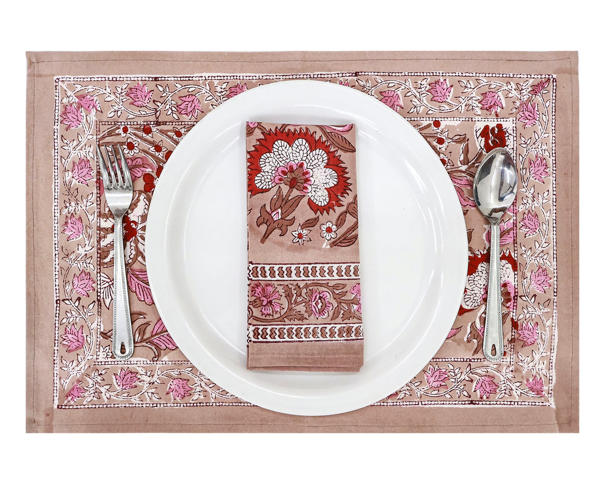 Pink and Brown Hand Block Printed Cotton Napkins Set Of 4 - My Store