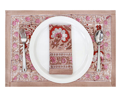 Pink and Brown Hand Block Printed Cotton Napkins Set Of 4 - My Store