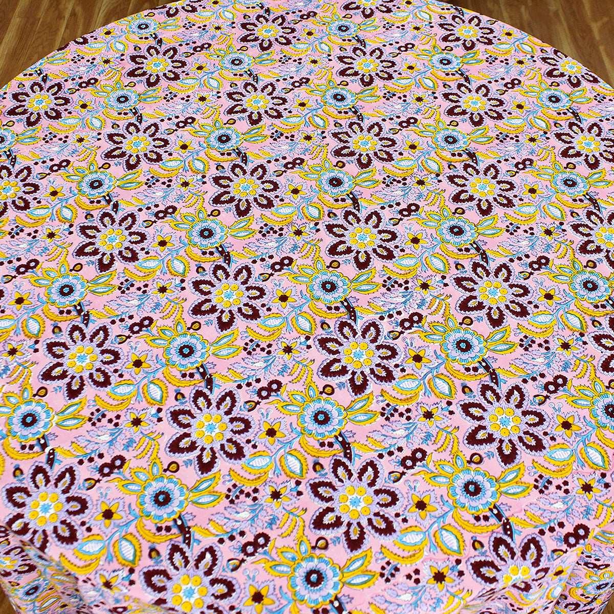 Pink and Blue Round Table Cloth, Indian Block Printed - My Store