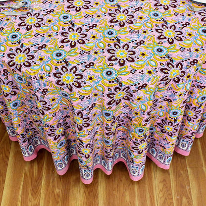 Pink and Blue Round Table Cloth, Indian Block Printed - My Store