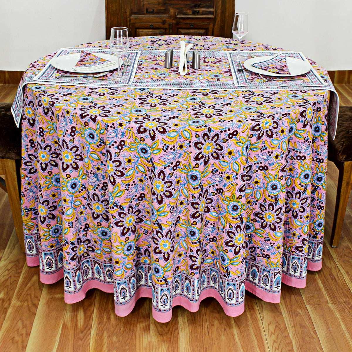 Pink and Blue Round Table Cloth, Indian Block Printed - My Store