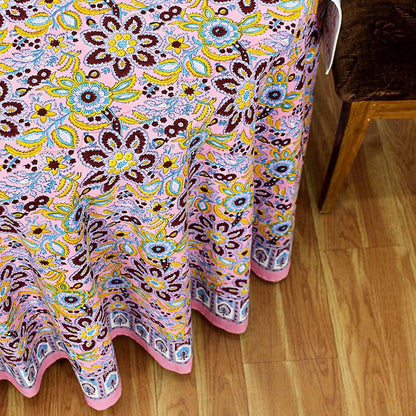 Pink and Blue Round Table Cloth, Indian Block Printed - My Store