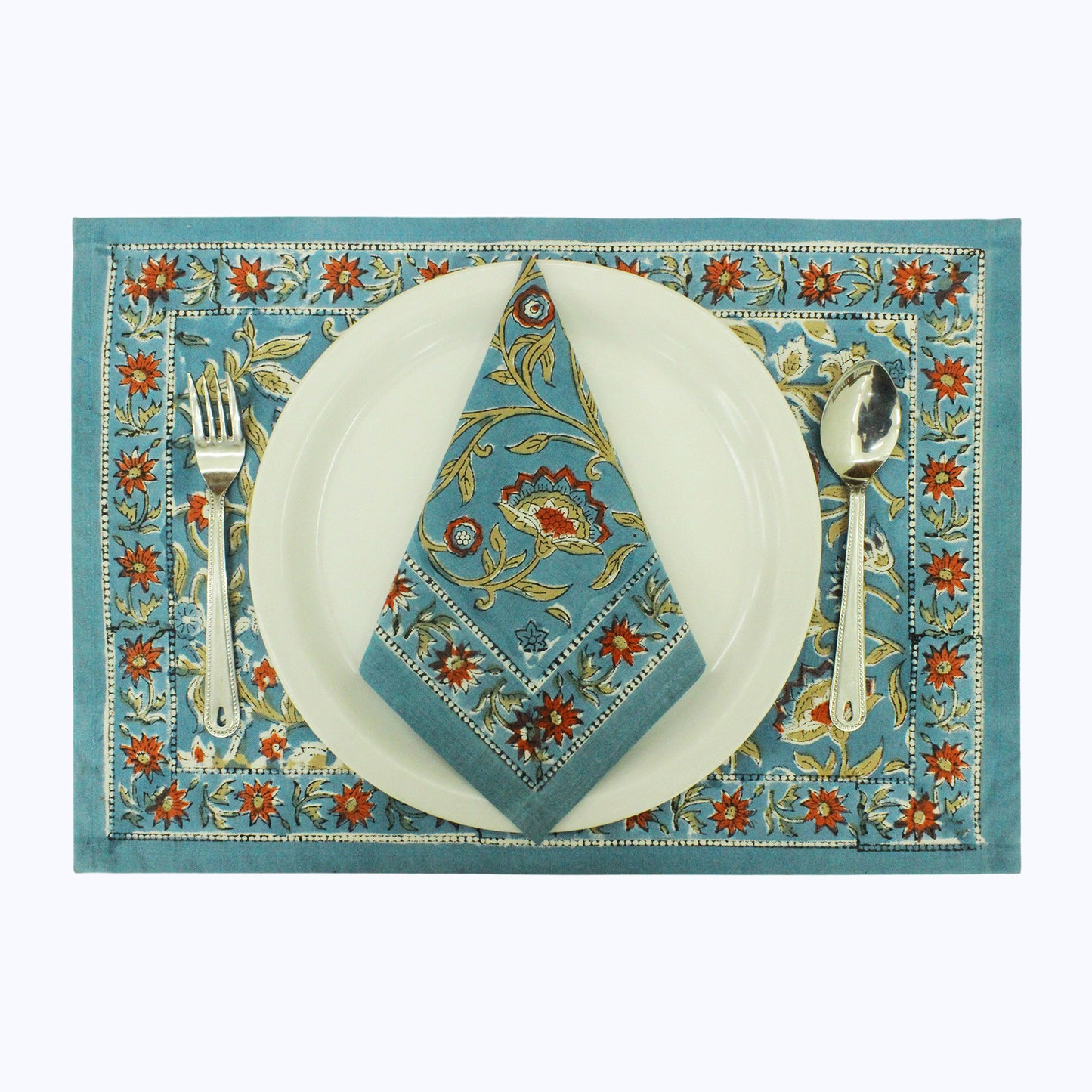 Blue and Red Hand Block Printed Cotton Set Of 4 Napkins - My Store