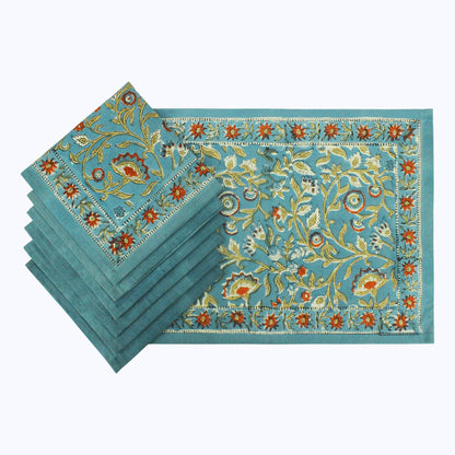 Blue and Red Hand Block Printed Cotton Set Of 4 Napkins - My Store