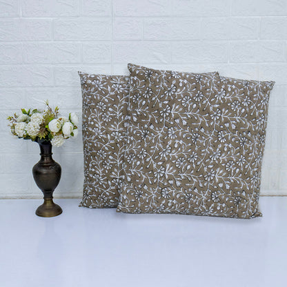 Brown Floral Block Print Cushion Cover | Handcrafted Cotton Throw Pillow Cover