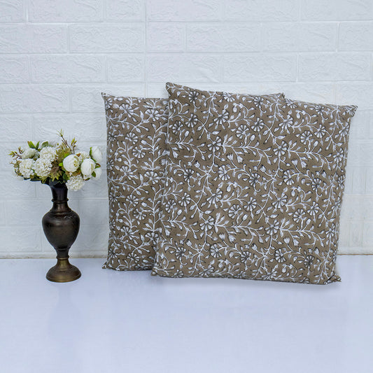 Brown Floral Block Print Cushion Cover | Handcrafted Cotton Throw Pillow Cover