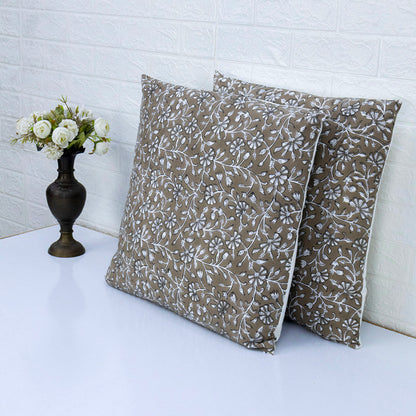 Brown Floral Block Print Cushion Cover | Handcrafted Cotton Throw Pillow Cover