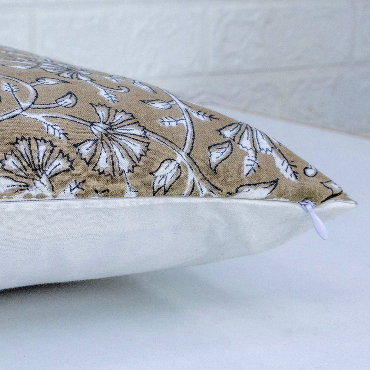 Brown Floral Block Print Cushion Cover | Handcrafted Cotton Throw Pillow Cover
