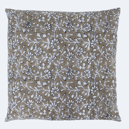 Brown Floral Block Print Cushion Cover | Handcrafted Cotton Throw Pillow Cover