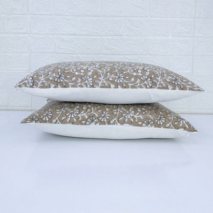 Brown Floral Block Print Cushion Cover | Handcrafted Cotton Throw Pillow Cover