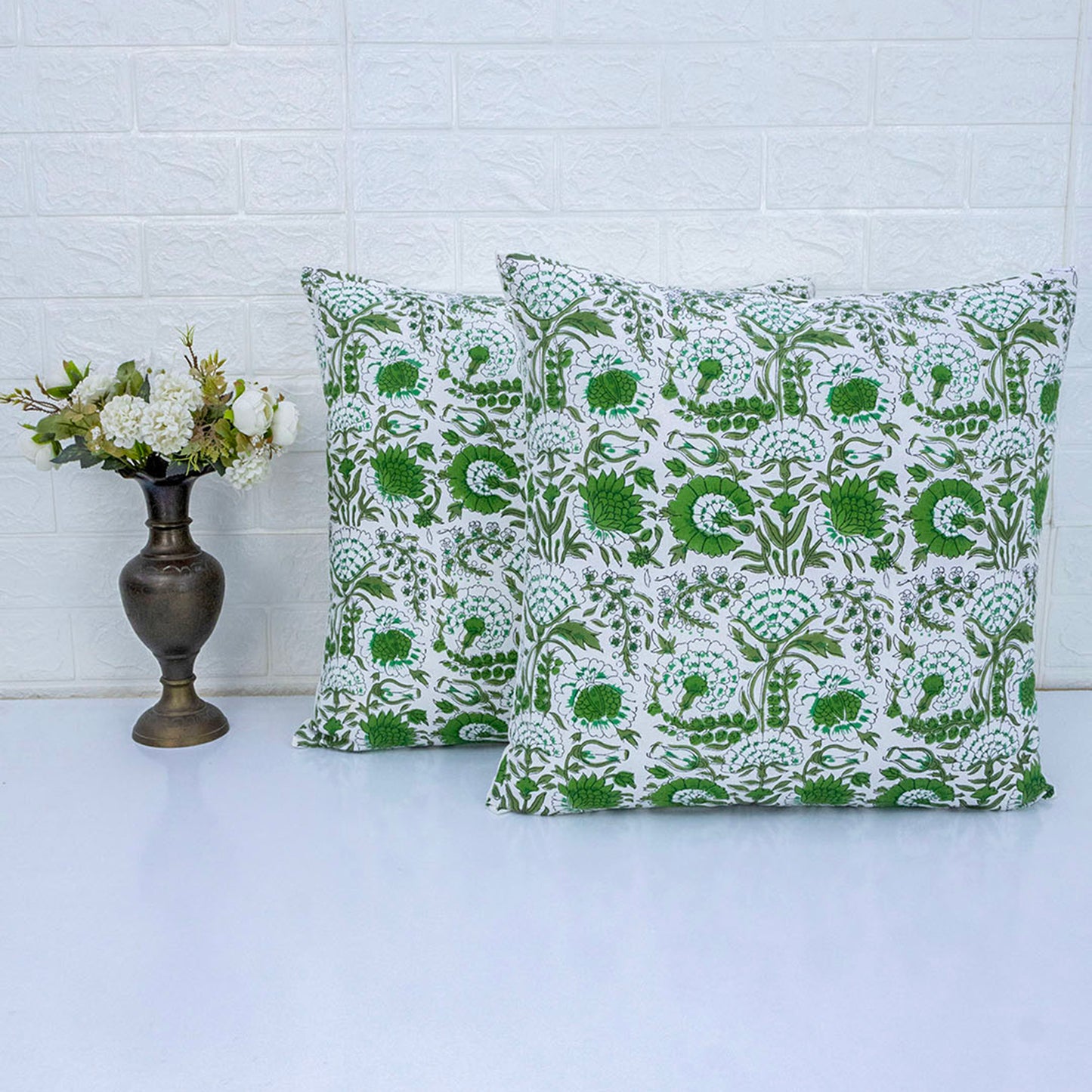 Green Floral Cotton Cushion Cover | Hand Block Print Decorative Pillow Cover | Indian Boho Sofa Cushion Case