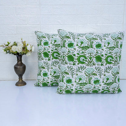 Green Floral Cotton Cushion Cover | Hand Block Print Decorative Pillow Cover | Indian Boho Sofa Cushion Case