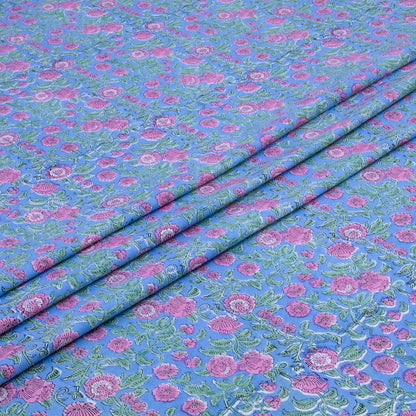 Indian Handmade Block Printed Blue nd Pink Floral Pattern Cotton Bed sheet For living Room, Kids Room - My Store
