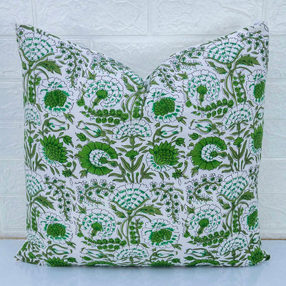 Green Floral Cotton Cushion Cover | Hand Block Print Decorative Pillow Cover | Indian Boho Sofa Cushion Case
