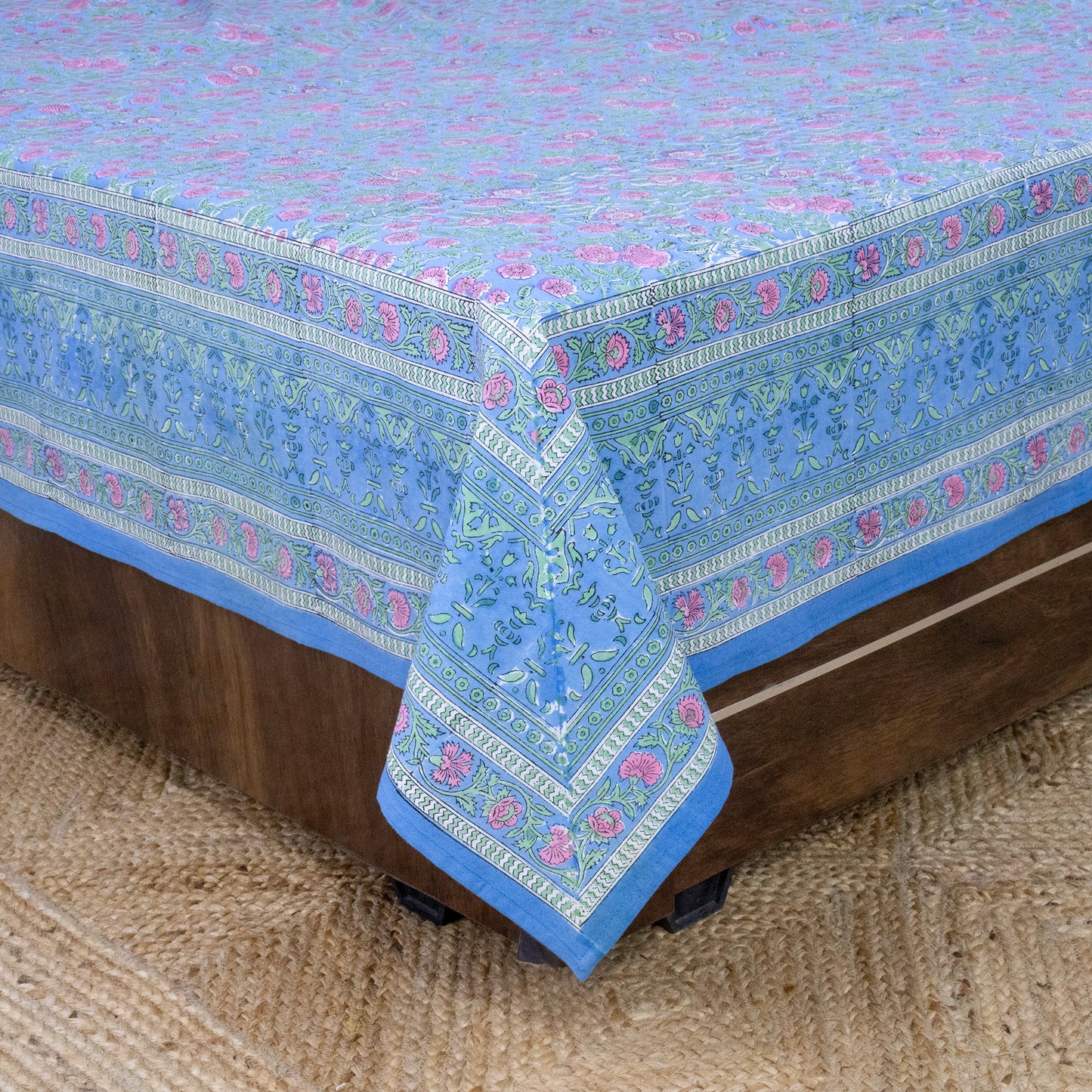 Indian Handmade Block Printed Blue nd Pink Floral Pattern Cotton Bed sheet For living Room, Kids Room - My Store