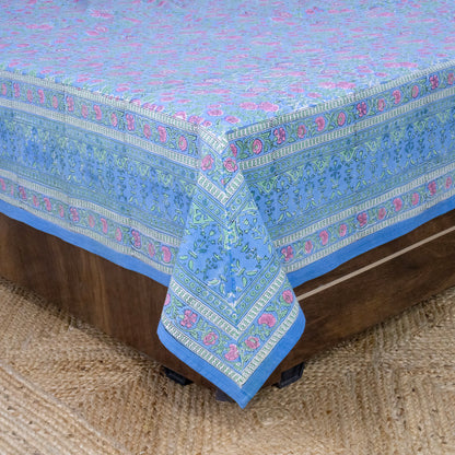 Indian Handmade Block Printed Blue nd Pink Floral Pattern Cotton Bed sheet For living Room, Kids Room - My Store