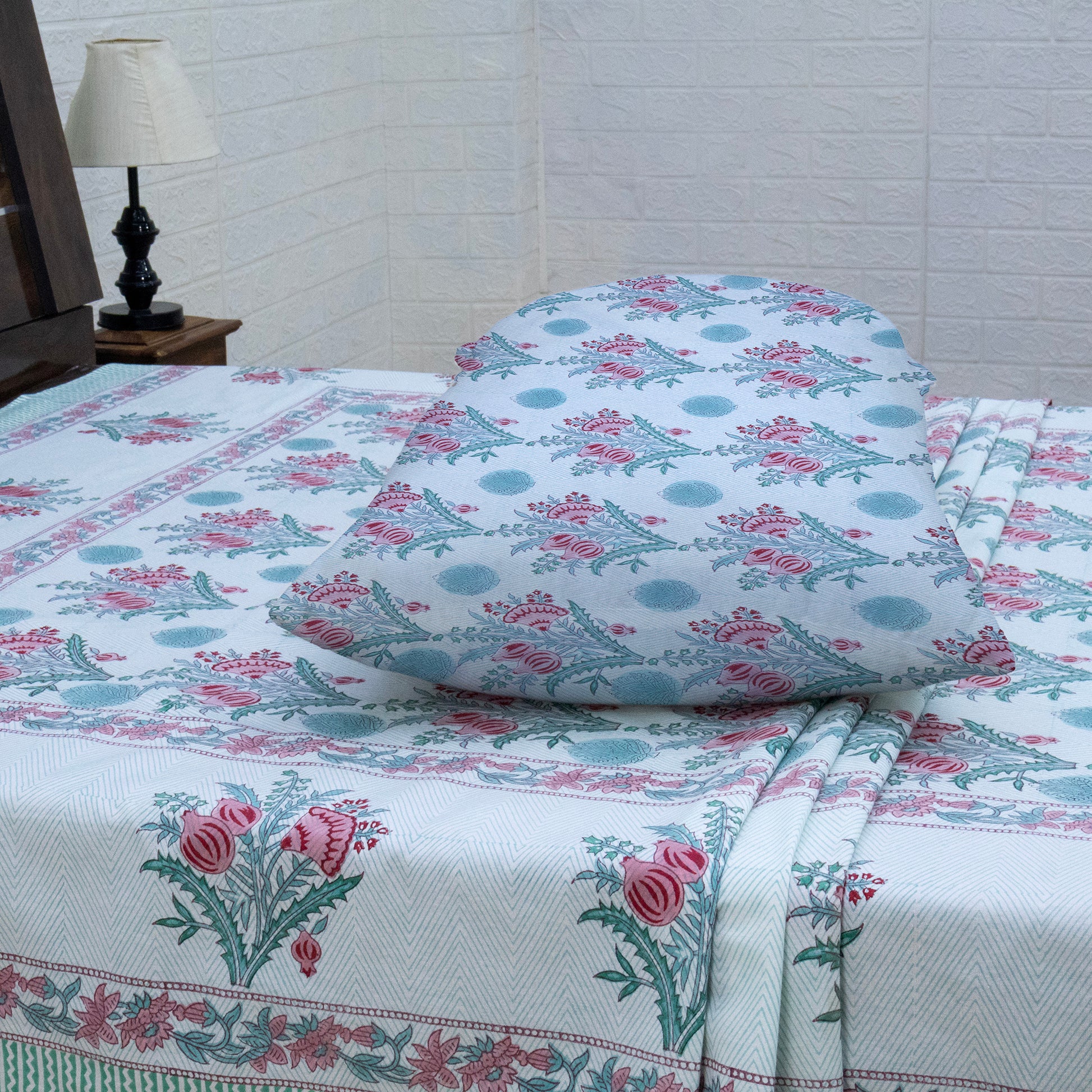 Indian Handmade Block Printed Red and Green Floral Pattern Cotton Bed sheet For living Room, Kids Room - My Store