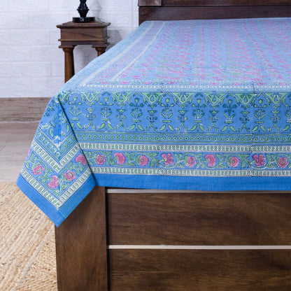Indian Handmade Block Printed Blue nd Pink Floral Pattern Cotton Bed sheet For living Room, Kids Room - My Store