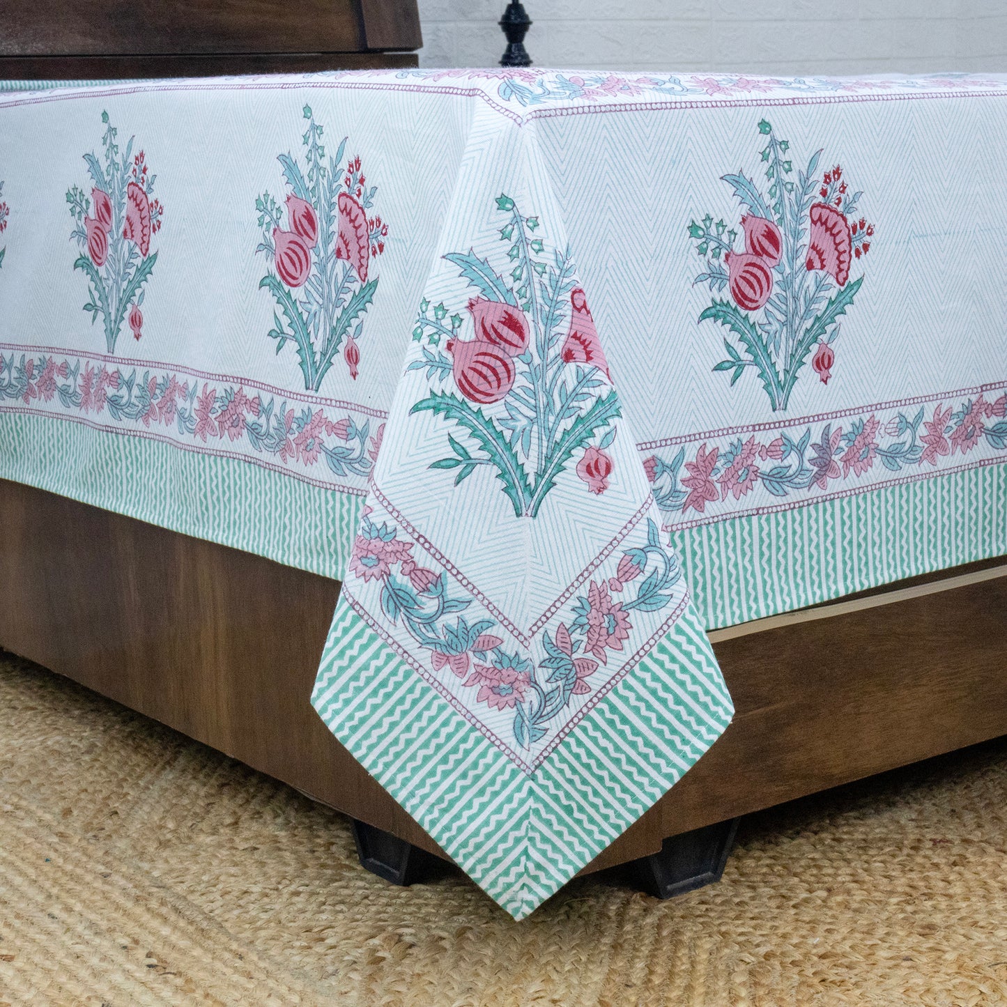 Indian Handmade Block Printed Red and Green Floral Pattern Cotton Bed sheet For living Room, Kids Room - My Store