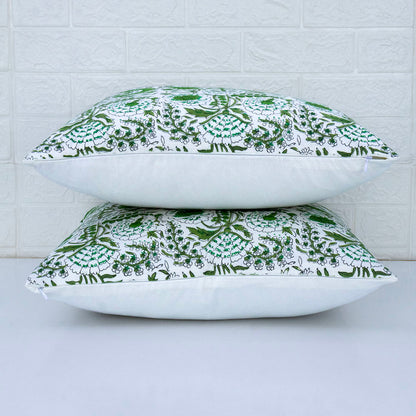 Green Floral Cotton Cushion Cover | Hand Block Print Decorative Pillow Cover | Indian Boho Sofa Cushion Case