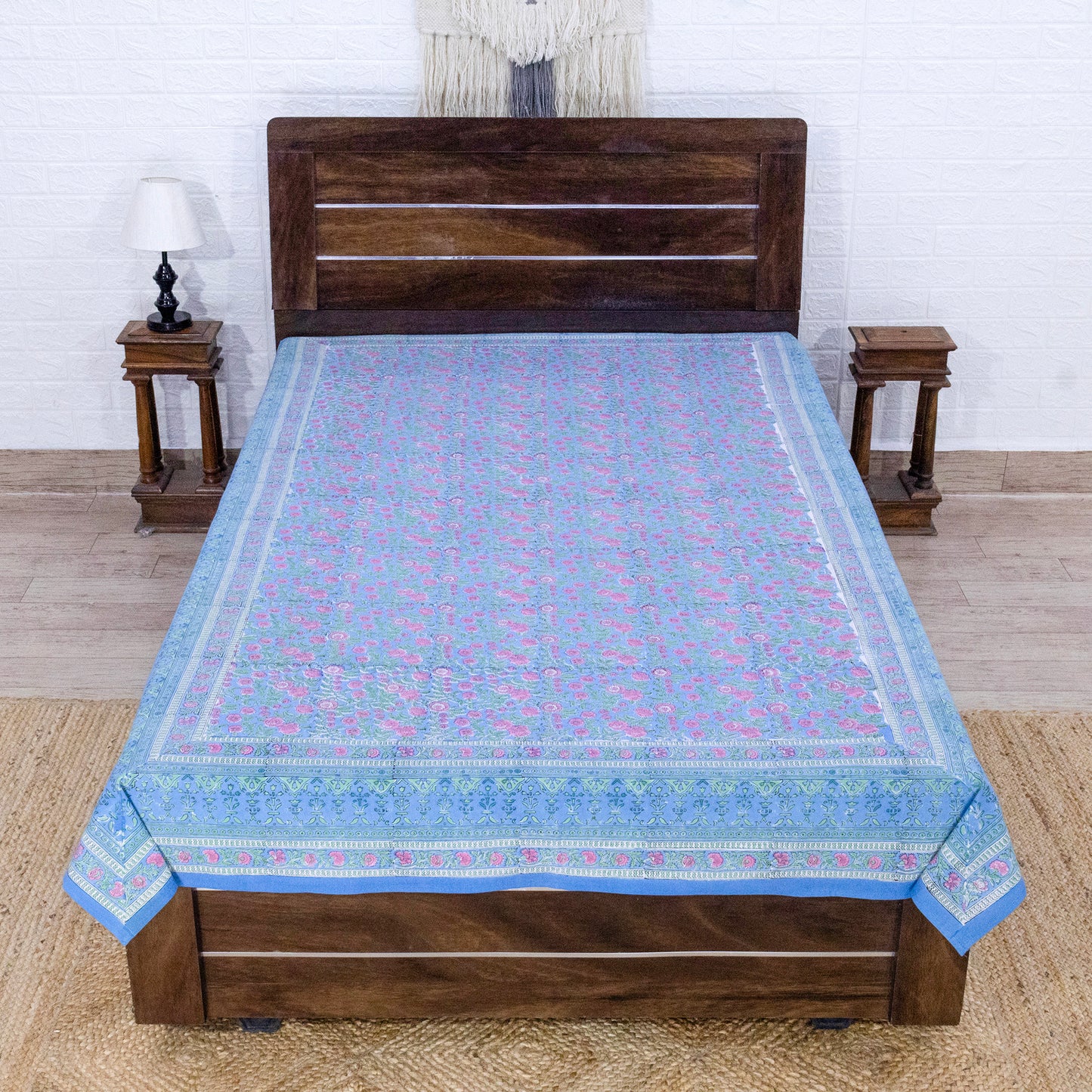 Indian Handmade Block Printed Blue nd Pink Floral Pattern Cotton Bed sheet For living Room, Kids Room - My Store