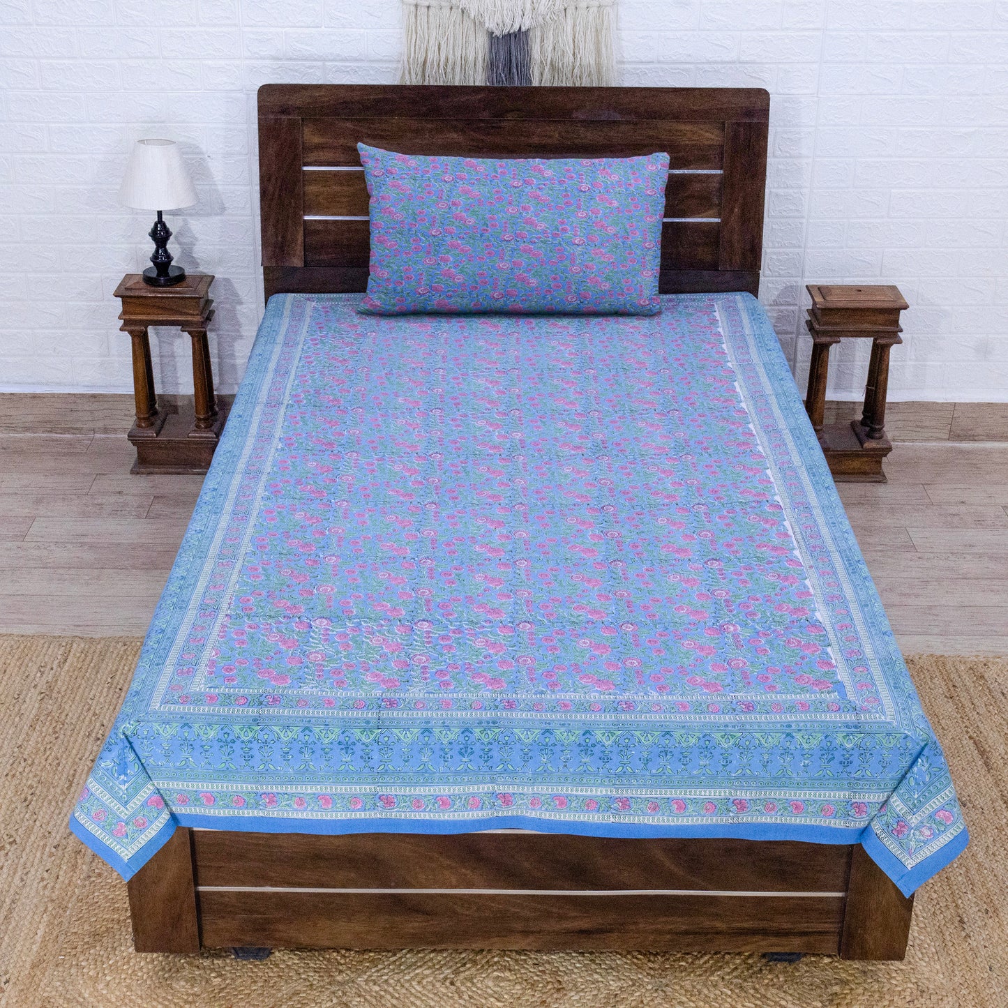 Indian Handmade Block Printed Blue nd Pink Floral Pattern Cotton Bed sheet For living Room, Kids Room - My Store
