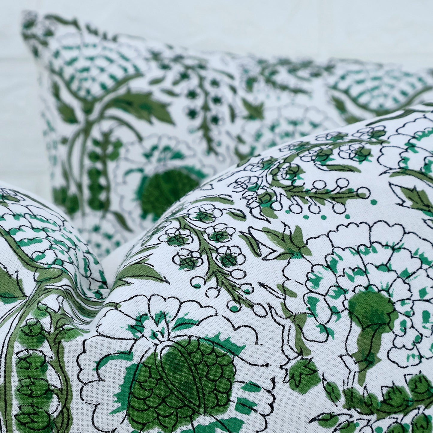 Green Floral Cotton Cushion Cover | Hand Block Print Decorative Pillow Cover | Indian Boho Sofa Cushion Case